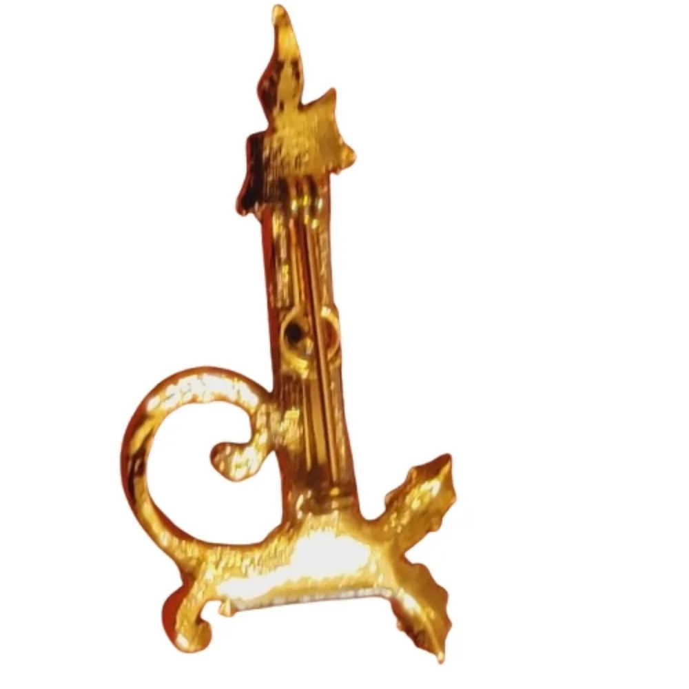 Vintage Rhinestone Christmas Candle Brooch Gold Tone Holly Candlestick Pin
